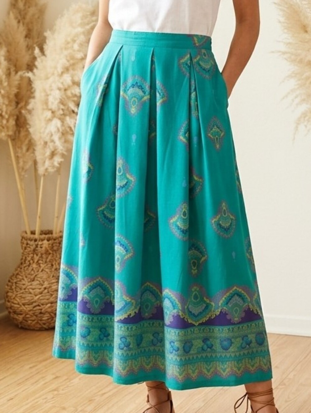 Vintage ILGWU The Wyndham Collection Teal Paisley Maxi Skirt Sz 12 Boho Western
